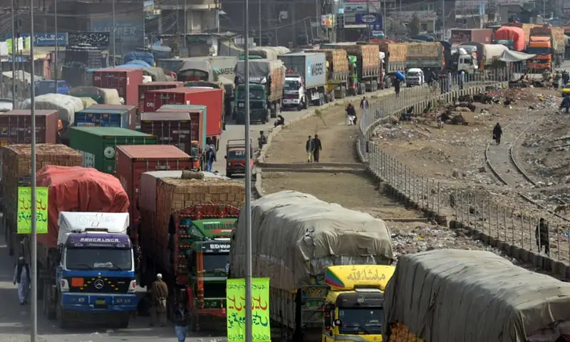 Trucks parked on Peshawar-Torkhum border highway as cross-border movement was completely stopped with Afghanistan after a series of terror attacks in Pakistan.